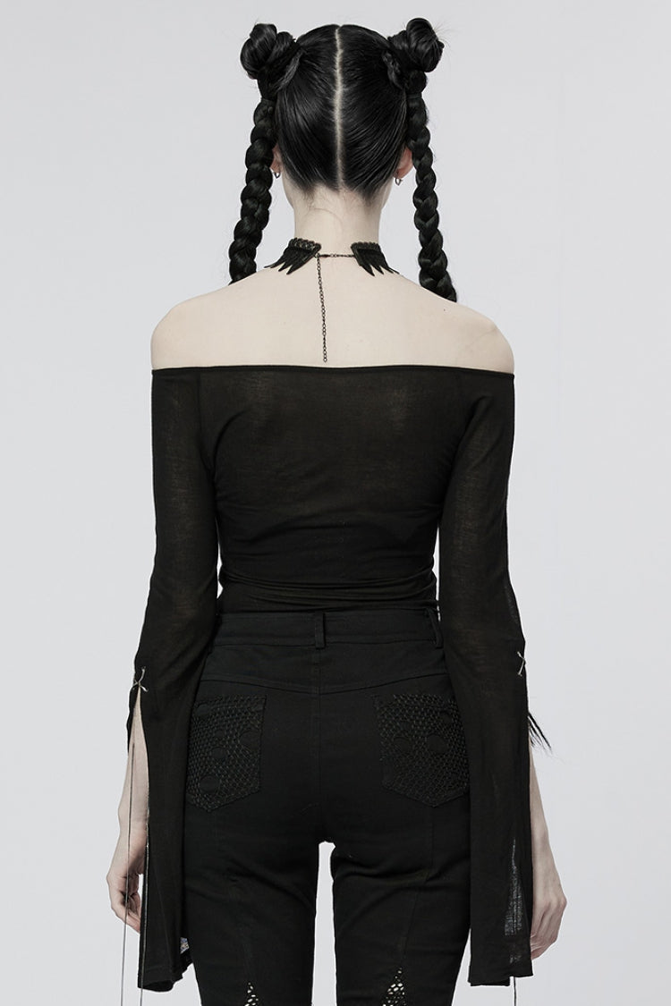 Black Off Shoulder Long Sleeves Metal Chain Women's Gothic T-Shirt