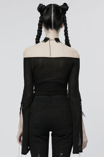 Black Off Shoulder Long Sleeves Metal Chain Women's Gothic T-Shirt