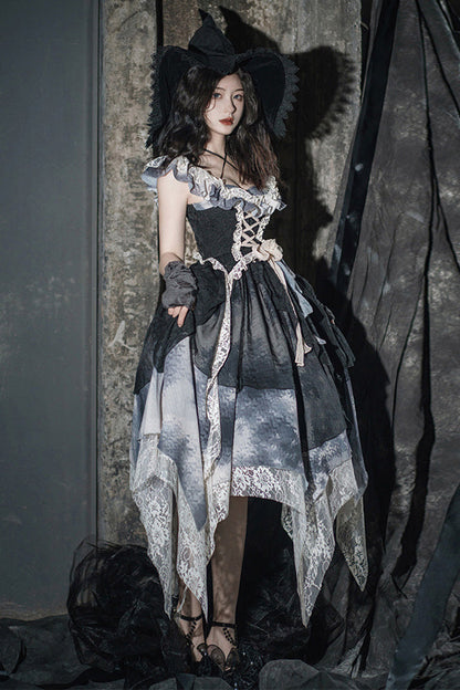 Black Letters And Poems Lace Sleeveless Printed Irregular Gothic Lolita Dress