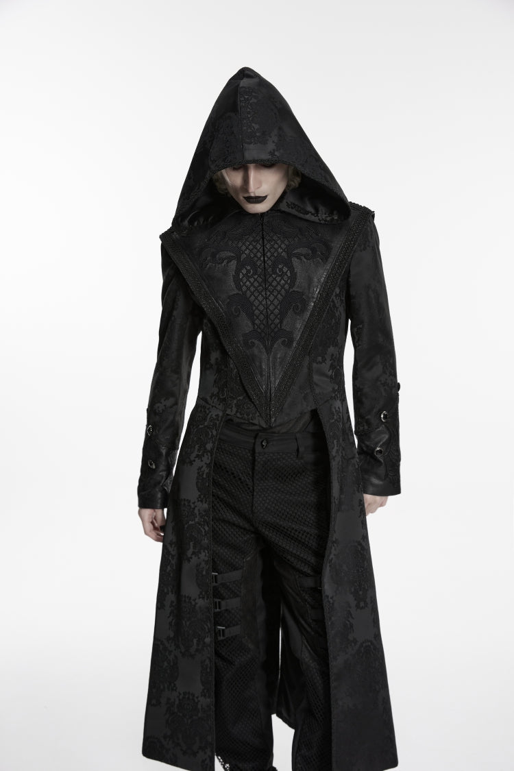 Black Long Sleeves Jacquard Embroidered Spliced Lace Hooded Color-Blocked Men's Punk Cool Coat