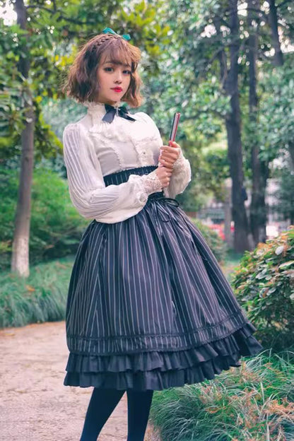 Black Multi-Layered Stripe Print Ruffle Lace-Up Classic College Style Elegant Lolita Skirt
