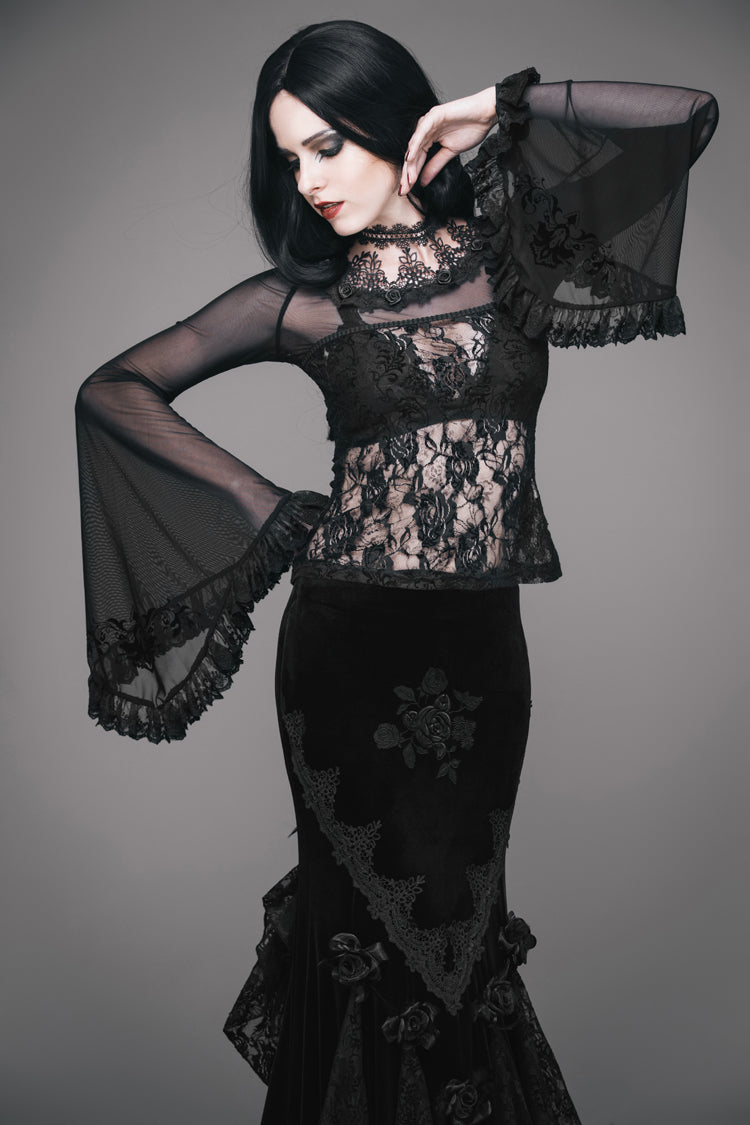 Black Lace Collar Big Flare Sleeve Rose Lace Mesh Women's Gothic T-Shirt