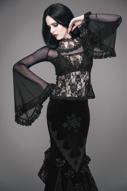 Black Lace Collar Big Flare Sleeve Rose Lace Mesh Women's Gothic T-Shirt
