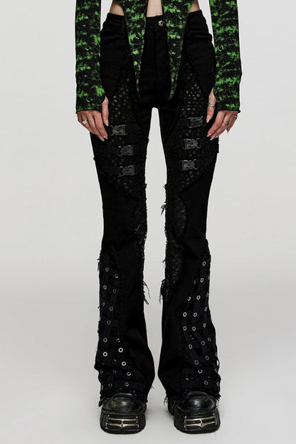 Black Hole Eyes Buckle Unedged Flared Women's Punk Pants