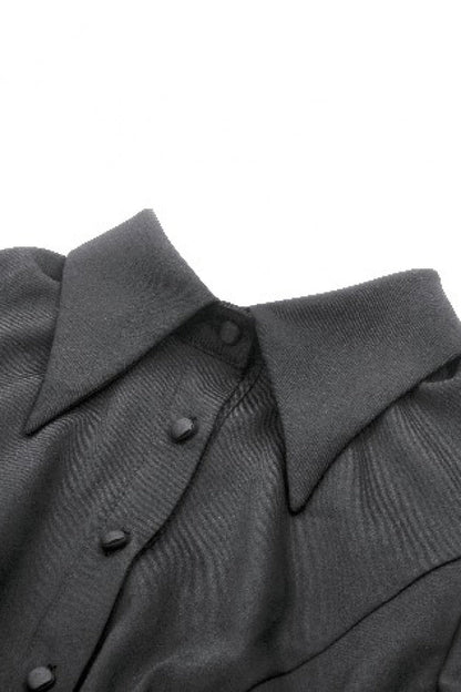 Black Point Lapel Collar Short Puff Sleeves Women's Gothic Blouse with Removable Rosette Cravat