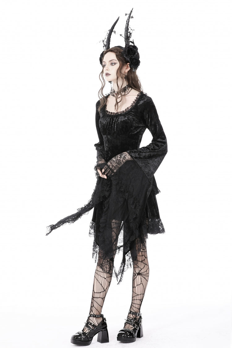 Black Irregular Long Trumpet Sleeves Lace Spliced Women's Gothic Velvet Graduation Dress