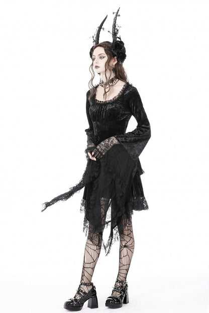 Black Irregular Long Trumpet Sleeves Lace Spliced Women's Gothic Velvet Graduation Dress