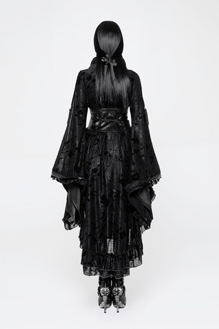 Black Long Sleeves Print Ruffle Women's Gothic Kimono Dress