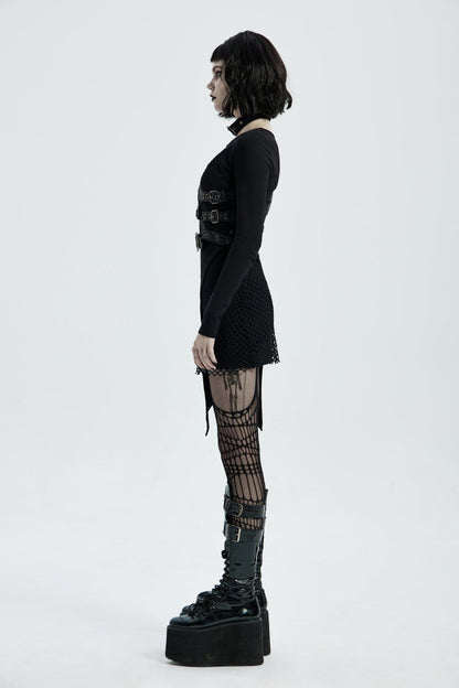 Black Cut-Out Asymmetric Buckled Eyelet Women's Punk Accessory with Pocket