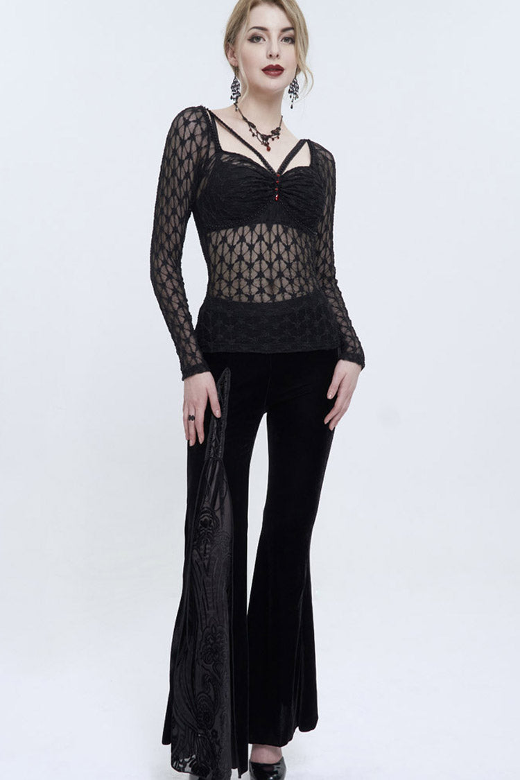 Black Lace Mesh Front Red Diamond Transparent Long Sleeve Women's Punk Shirt
