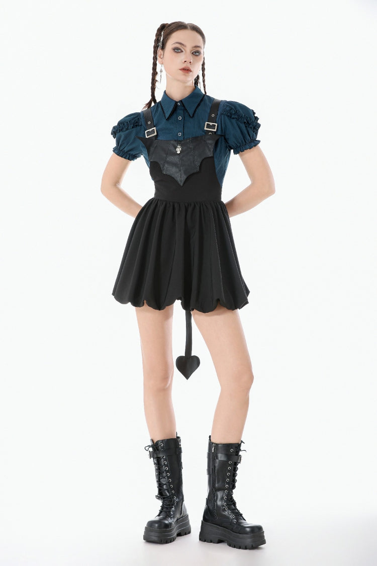 Black Bat Wing Buckled Women's Gothic Suspender Dress Graduation Dress with Tail