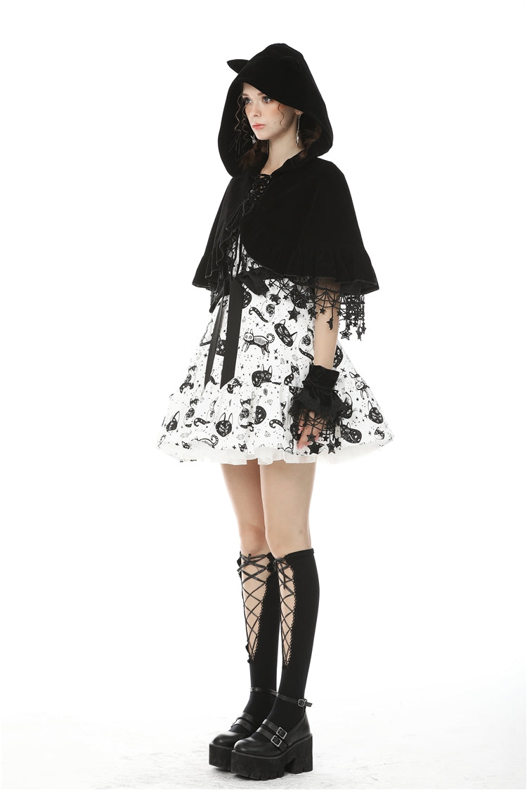 Black Lace-Up Women's Lolita Cat Ears Hooded Cape with Star Tassels