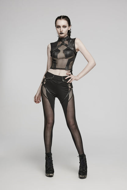 Black Cut-Out Spliced Lace-Up Slim Mesh Eyelet Women's Punk Leggings