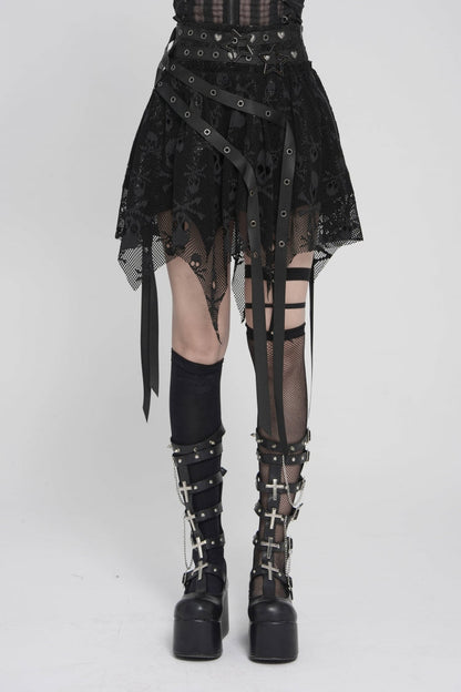 Black Double-Layered Lace Lace-Up Irregular Mesh Eyelet Women's Punk Skirt