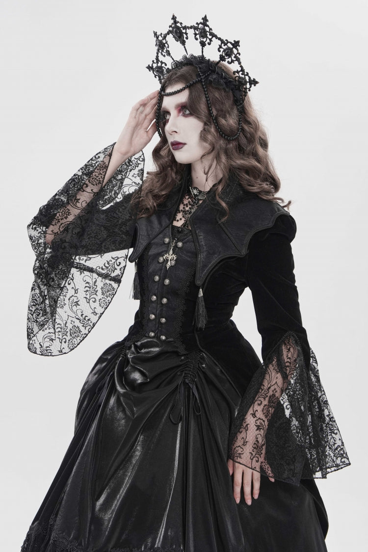 Black Long Trumpet Sleeves Embroidered Lace Slim Zippered Women's Gothic Bat Wing Collar Double-breasted Zip Jacket