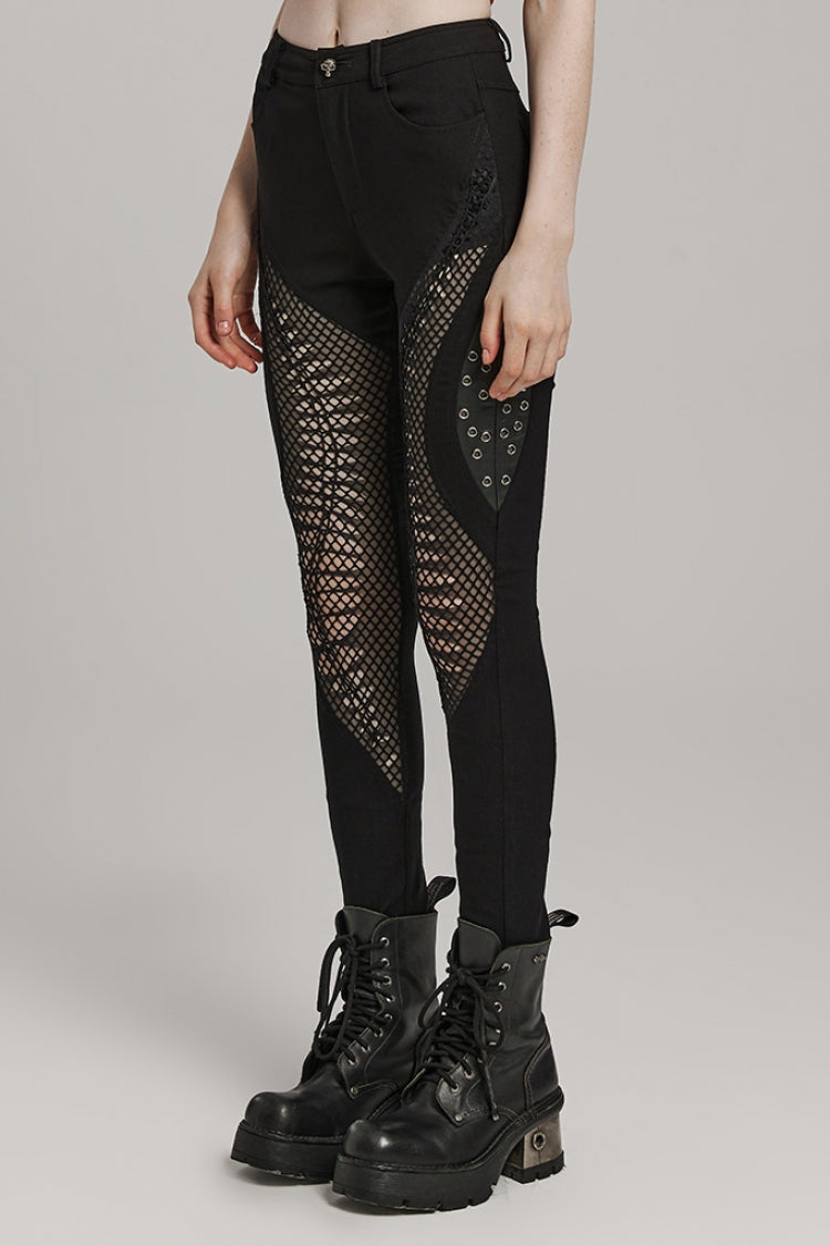 Black Hollow Stitching Irregular Mesh Women's Steampunk Pants