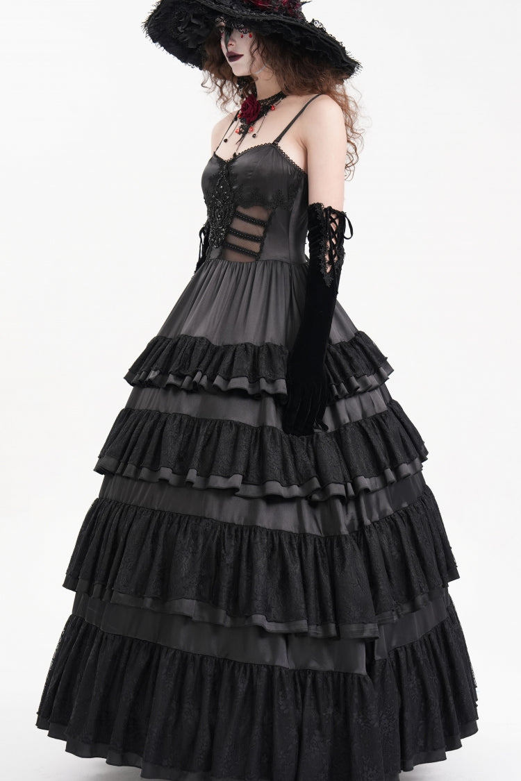Black Multi-Layered Ruffle Lace-Up Mesh Women's Gothic Dress