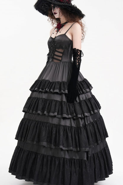 Black Multi-Layered Ruffle Lace-Up Mesh Women's Gothic Dress