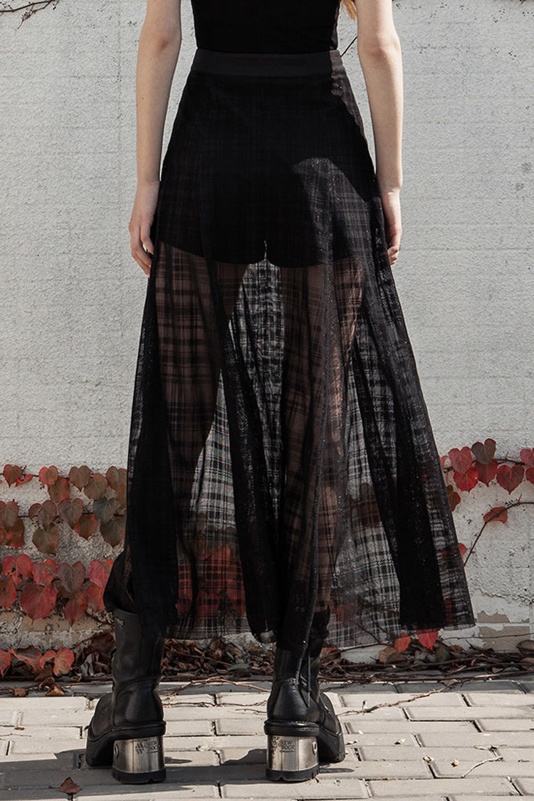 Black Front Metal Eyelets Lace-Up Slit Mesh Hem Women's Punk Skirt