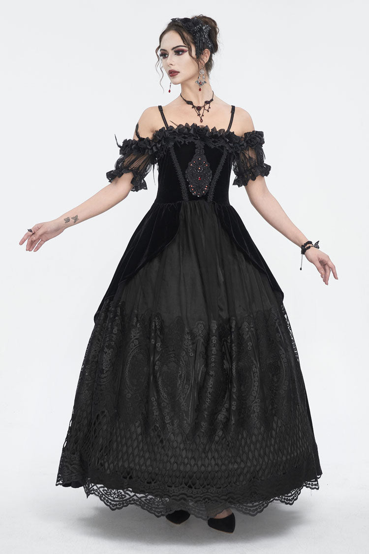 Black Off Shoulder High Waisted Print Lace Women's Gothic Dress