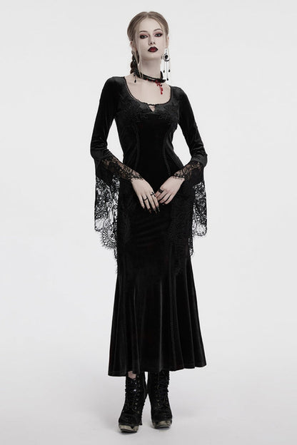 Black Long Sleeves Floral Embroidery Stitching Lace Women's Gothic Gown Dress