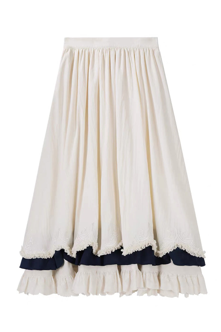 Beige [Morning Mist Coast] Stand Collar Long Sleeves Ruffle Embroidery Vintage Elegant Lolita Skirt Dress Set