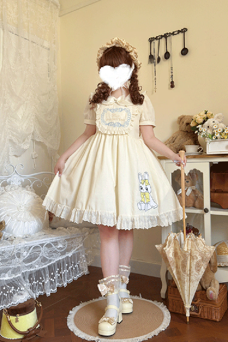 Apricot [Sweet Dream Bunny] Doll Collar Short Sleeves Ruffle Embroidery Bowknot Sweet Plus Size Lolita Dress