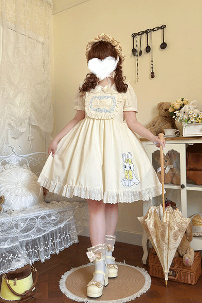 Apricot [Sweet Dream Bunny] Doll Collar Short Sleeves Ruffle Embroidery Bowknot Sweet Plus Size Lolita Dress