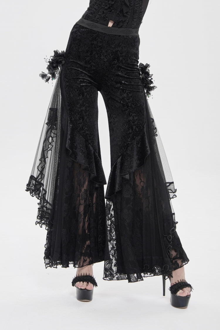 Black Embroidered Lace Women's Printed Mesh Floral Gothic Pants