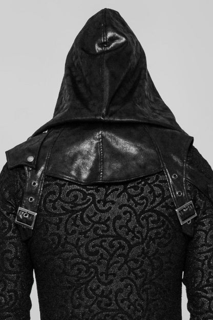 Black Metal Buckle Lace-Up Hooded Men's Steampunk Cape