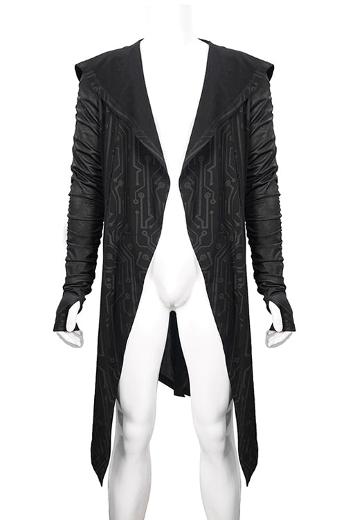 Black Hooded Wrinkled Sleeves Circuit Diagram Print Knit Long Mens Punk Coat