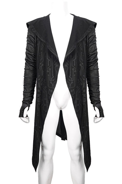 Black Hooded Wrinkled Sleeves Circuit Diagram Print Knit Long Mens Punk Coat