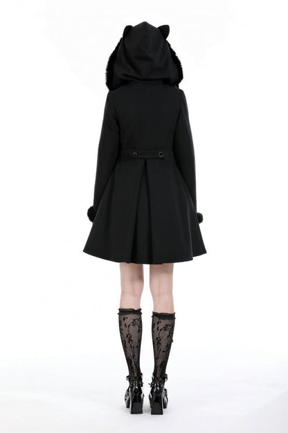 Black Long Sleeves Crescent Moon Bow Spliced Double-breasted Women's Gothic Coat with Cat Ear Hood