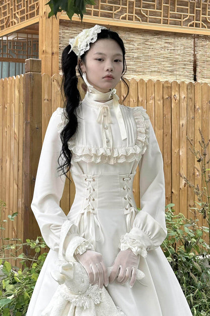 Apricot Stand Collar Long Sleeves Ruffled Lace-Up Gothic Lolita Dress