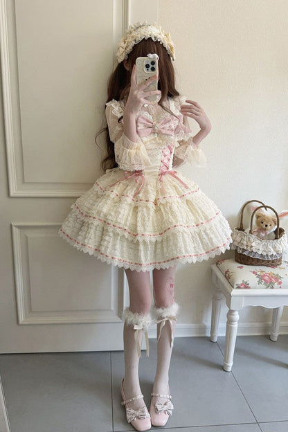 Apricot [Song of Floral Letters] Sleeveless Triple-Layered Bowknot Lace-Up Sweet Lolita Jsk Dress