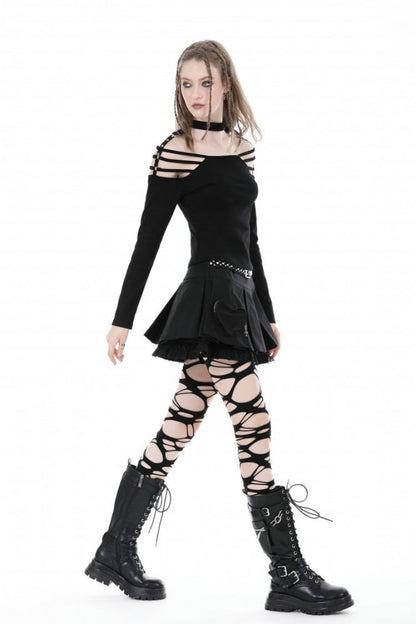 Black Off Shoulder Long Sleeves Cut-Out Buckled Women's Punk Blouse