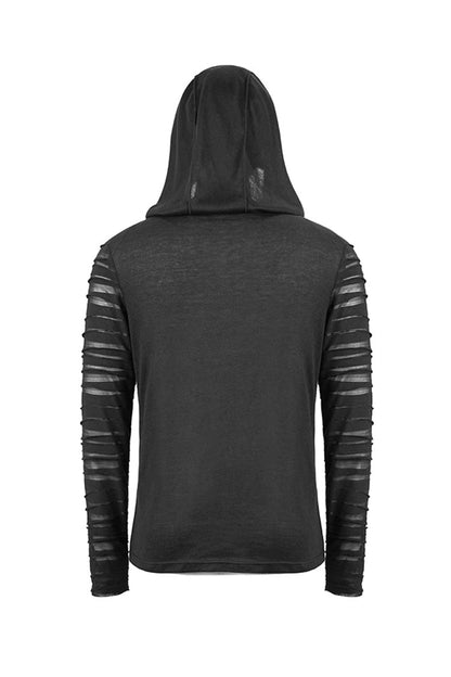 Black Collar Metal Button Irregular Striped Patchwork Bandage Hooded Men's Punk T-Shirt