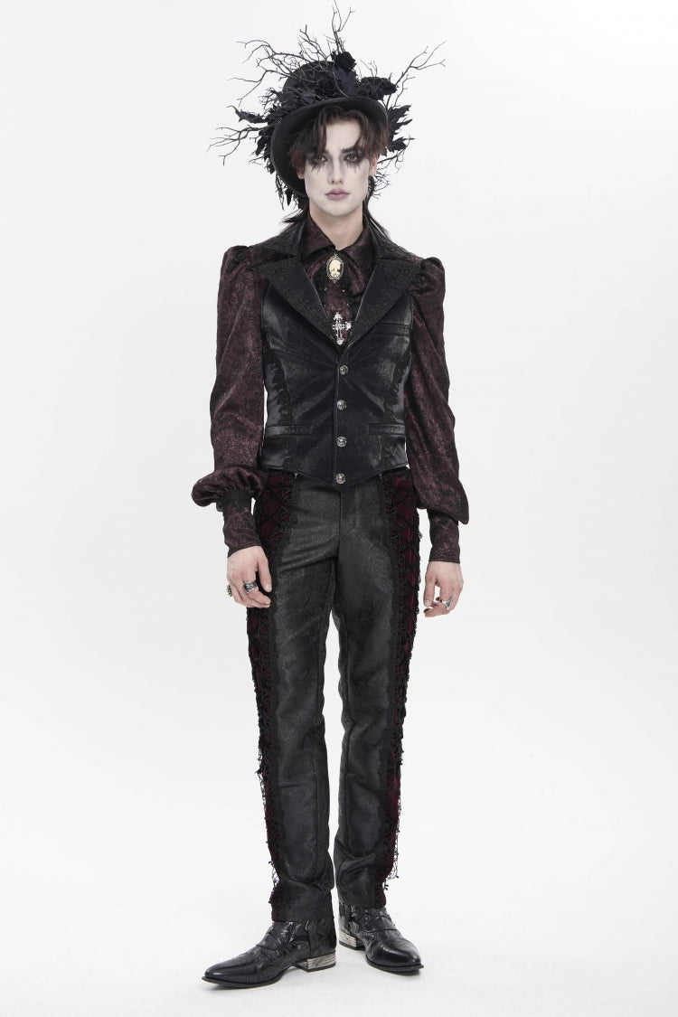 Black Lapel Collar Jacquard Lace Slim Men's Gothic Vest