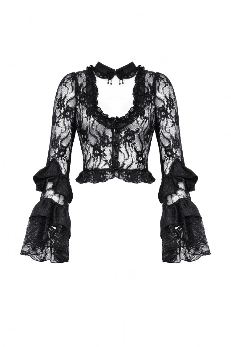 Black Multi-Layered Long Trumpet Sleeves Lace Lace-Up Women's Gothic Top
