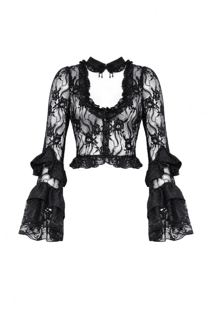 Black Multi-Layered Long Trumpet Sleeves Lace Lace-Up Women's Gothic Top
