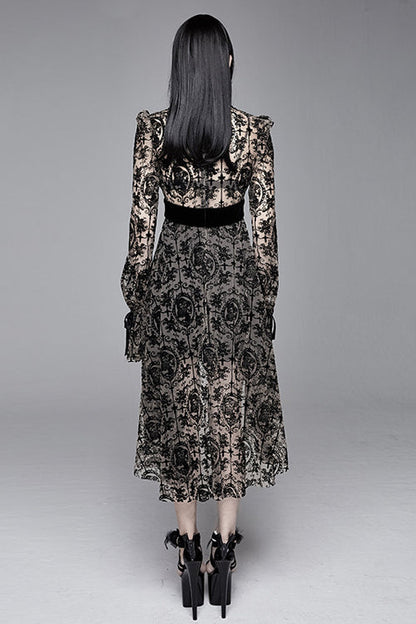 Apricot See Through Printed Long Sleeves Velvet Belted Womens Gothic Dress With Tie