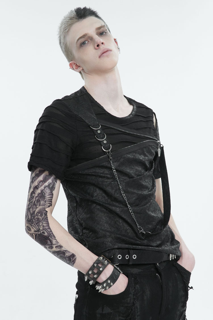 Black Left Off Shoulder Chest Zipper Embellished Men's Punk Short Sleeve