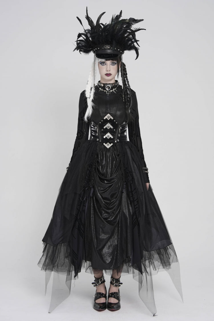 Black Multi-Layered Lace-Up Slim Irregular Asymmetric Eyelet Women's Gothic Long  Skirt