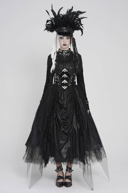 Black Multi-Layered Lace-Up Slim Irregular Asymmetric Eyelet Women's Gothic Long  Skirt