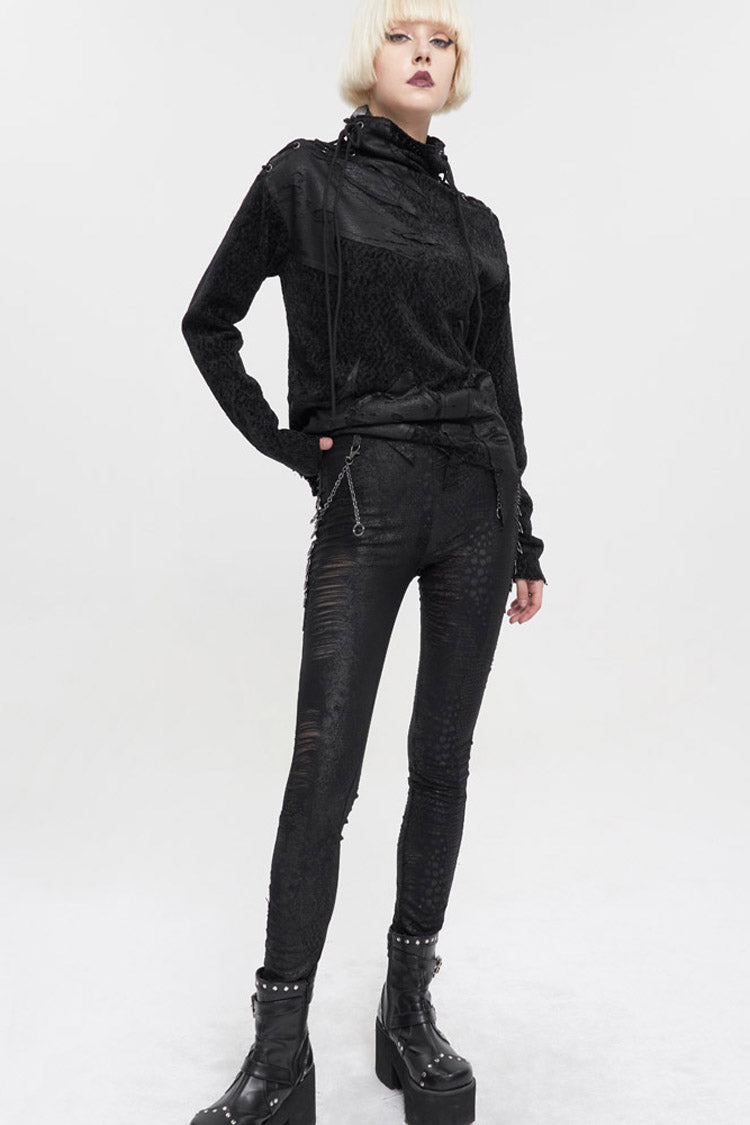 Black Knitted Fabric Detachable Chain Trim Irregular Semi-Perspective Knit Women's Punk Pants