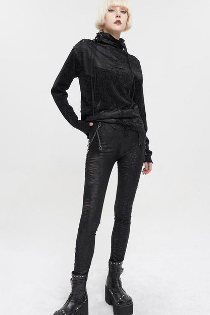 Black Knitted Fabric Detachable Chain Trim Irregular Semi-Perspective Knit Women's Punk Pants