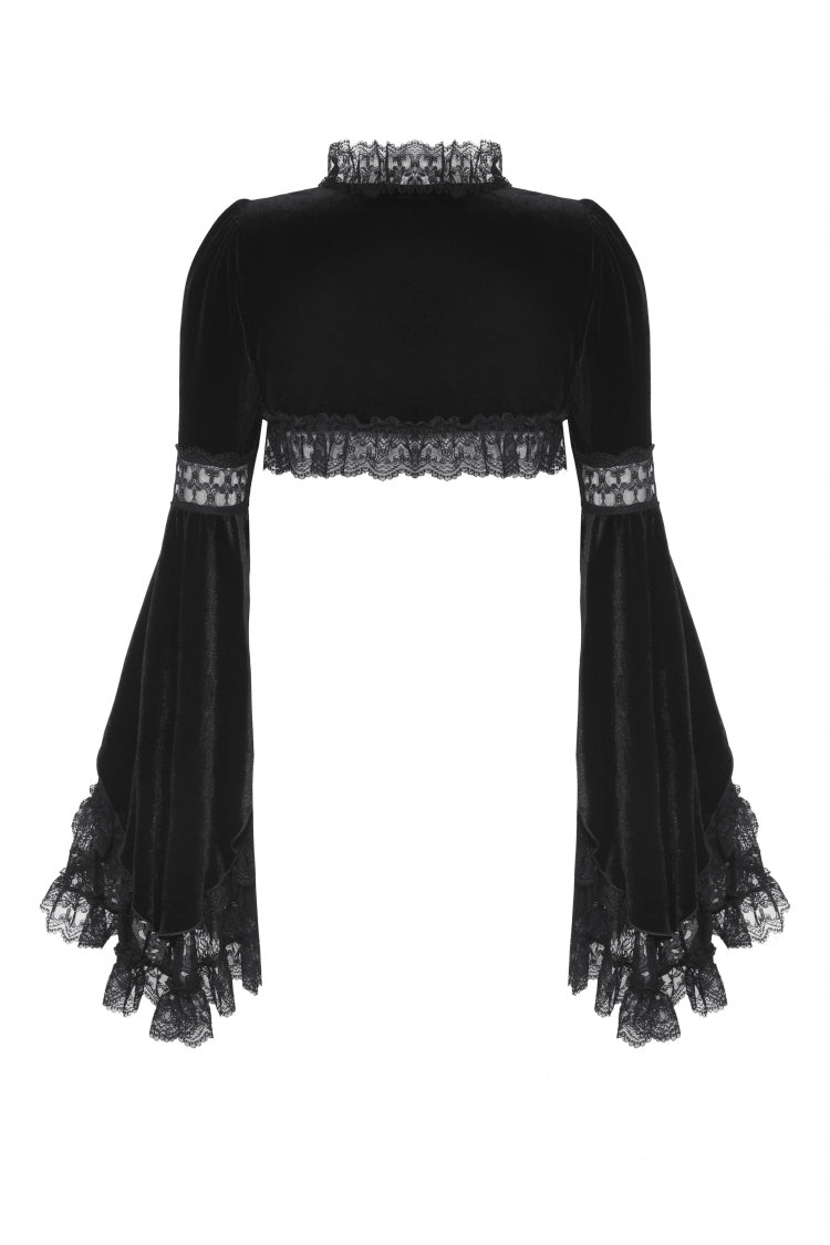 Black Long Puff Flared Sleeves Ruffled Lace Spliced Velvet Women's Gothic Cape
