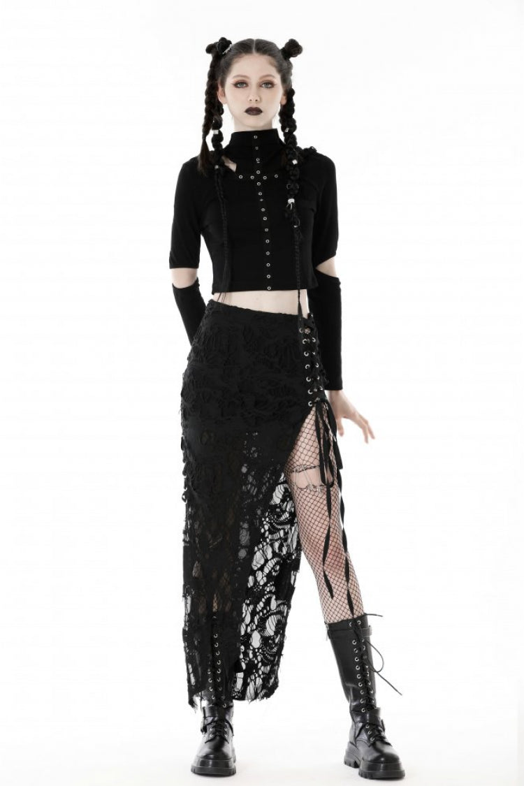 Black Metal Cross Eyelet Long Sleeves Cut-Out Women's Punk Crop Top with Ripped Hood
