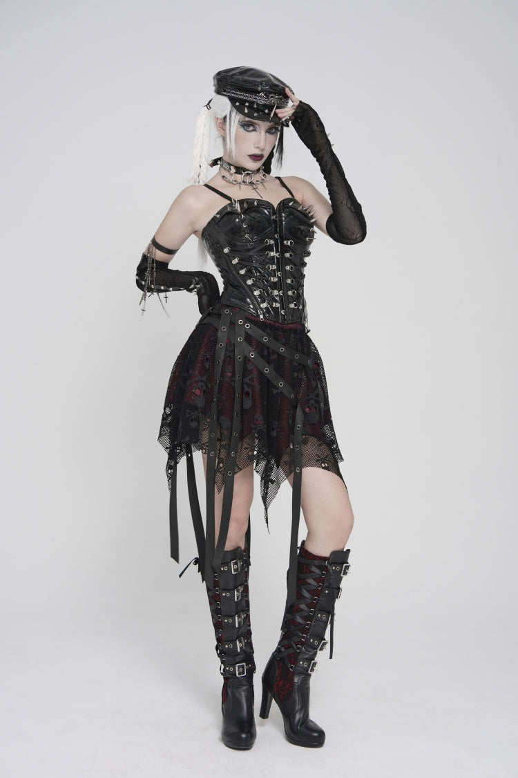 Black Lace-Up Slim Studded Zippered Women's Punk Corset