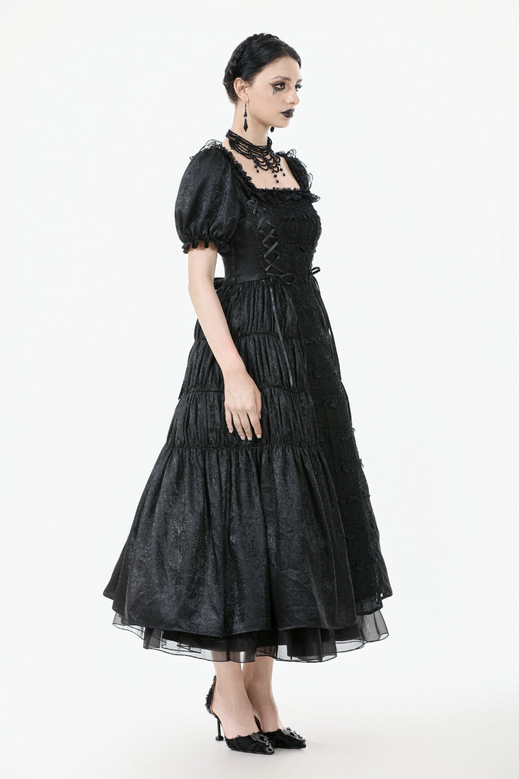 Black Lace Square Collar Short Puff Sleeves Lace-Up Ruched Women's Gothic Wedding Dress